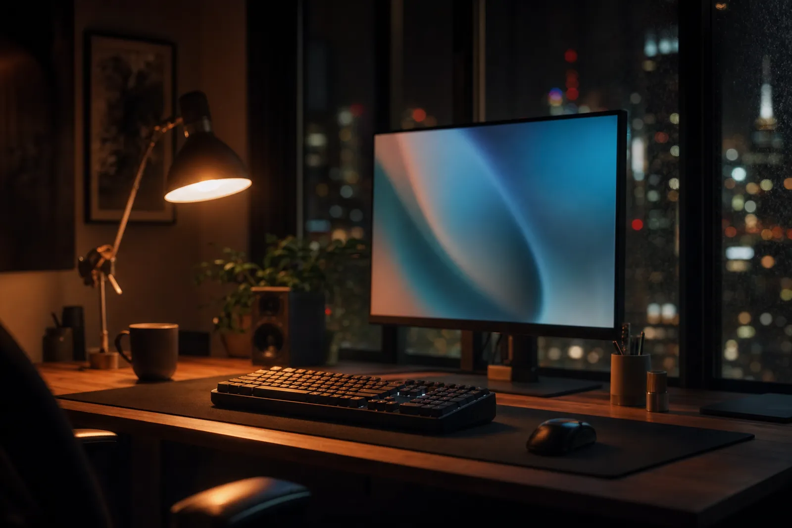 A developer’s desk at night, lit by a single lamp and a monitor.