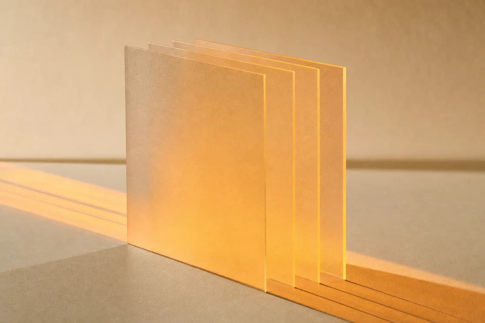 Thin panes of frosted glass standing in a row, with warm light passing through them.